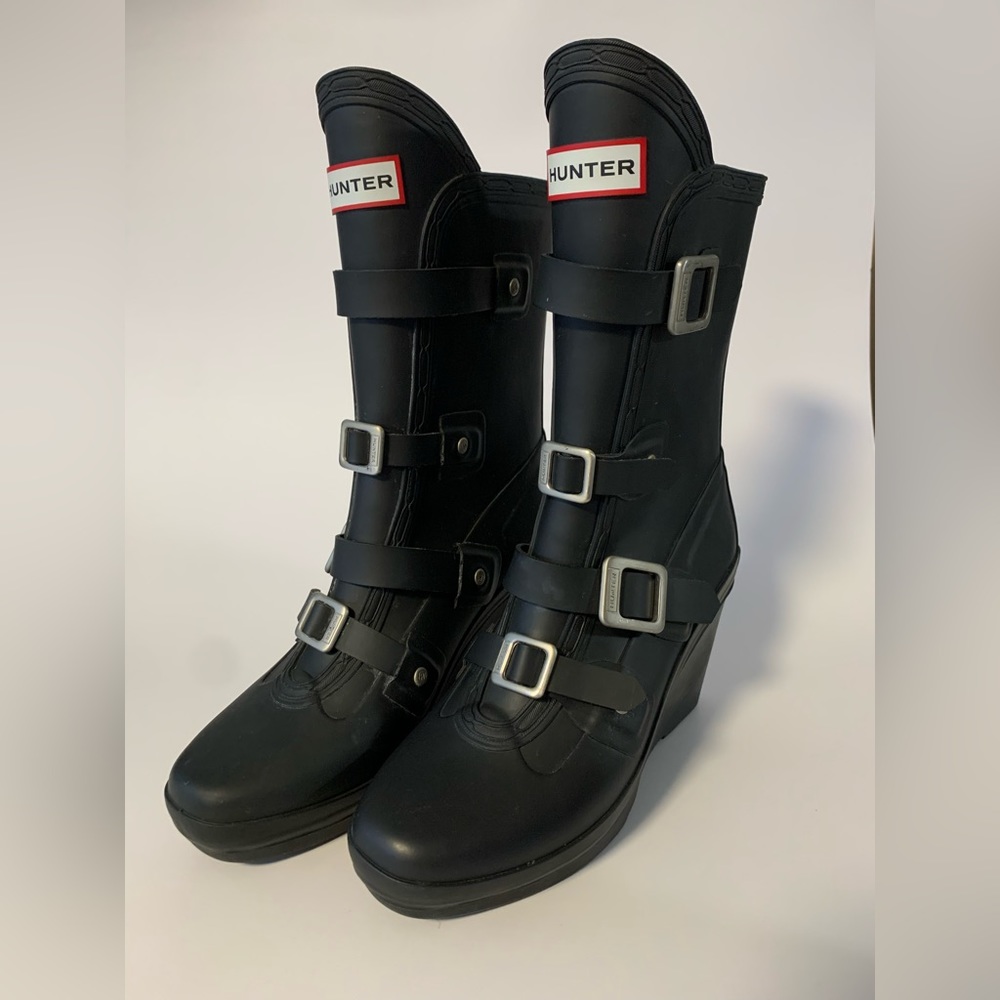 Hunter Remy Black Wedge Heel Mid Calf Boots size US W6